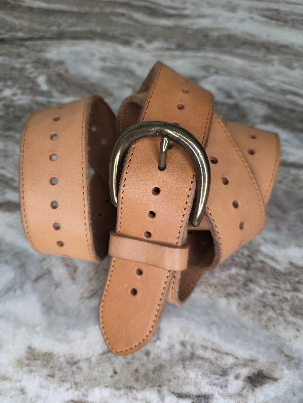 Lands' End Women's Plus Size Tan Leather Belt with Brass Buckle Size 2X